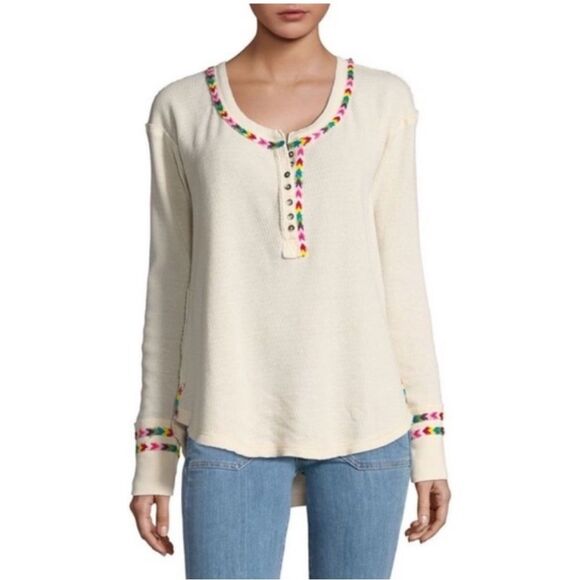 FREE PEOPLE WE THE FREE RAINBOW MULTI HENLEY THERMAL EMBROIDERED WOMEN’S XS - Picture 5 of 14